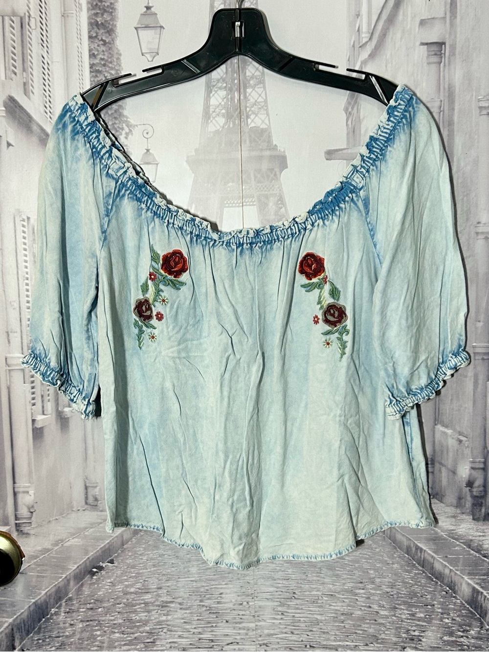 Light Blue Off-Shoulder Top with Red Floral Embroidery